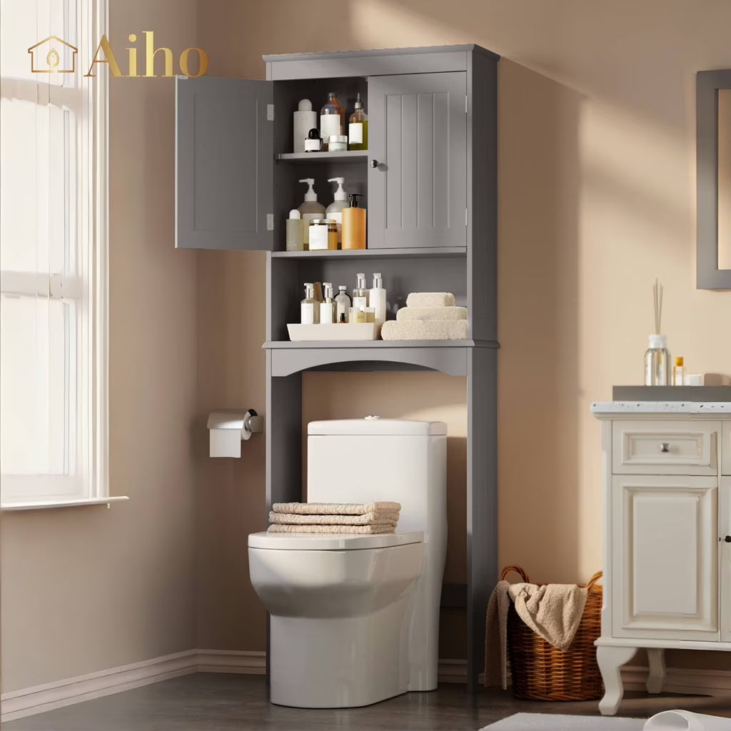 Aiho 66.1" over the Toilet Storage Cabinet with Adjustable Shelf and Open Storage Shelf, Freestanding - White