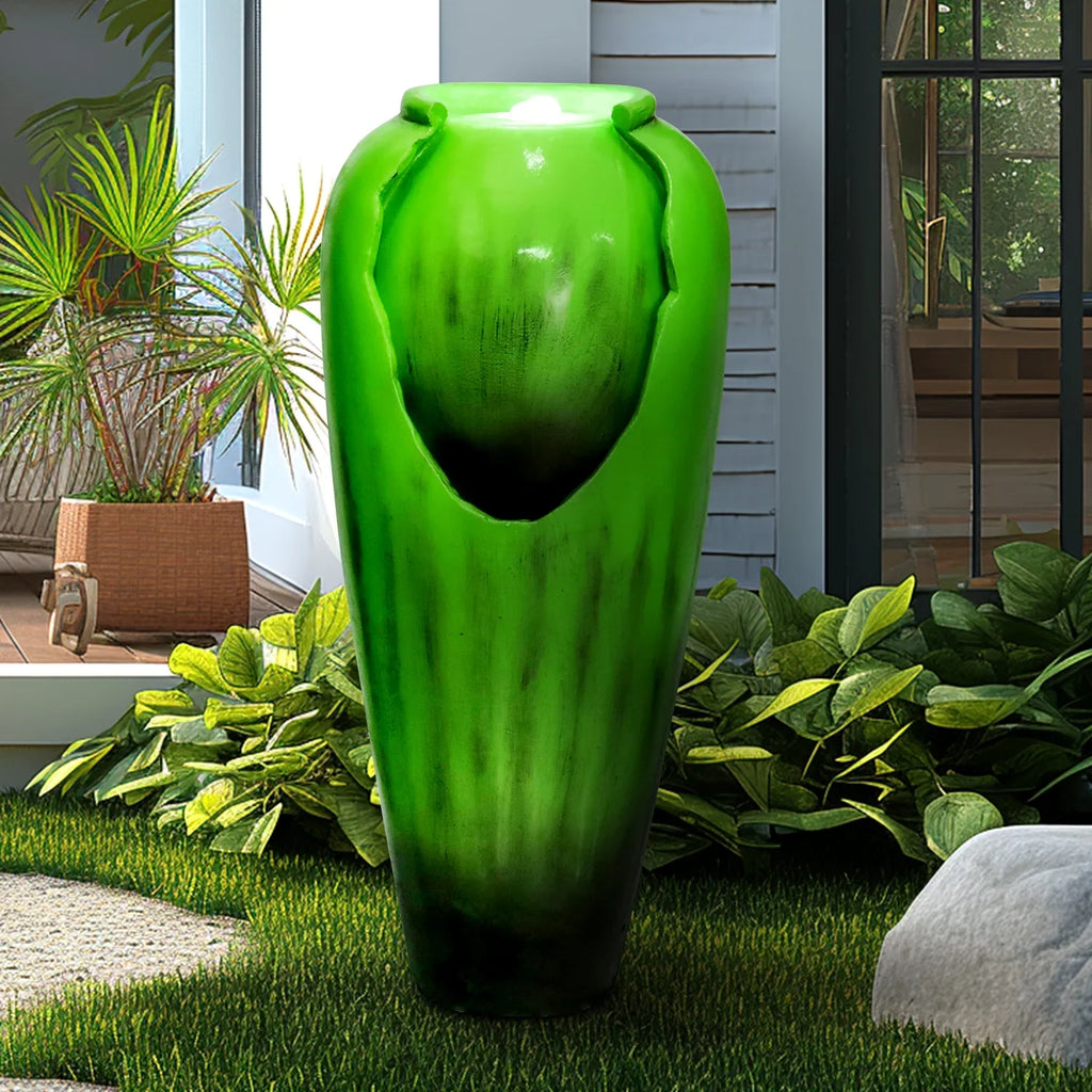 ourrco 30.7"H Concrete Vase Water Fountain, Modern Cascading Waterfall Feature with LED Lighting and Pump, Perfect for Indoor or Outdoor Home and Garden Decor, Red