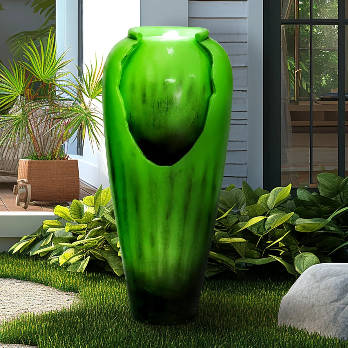 ourrco 30.7"H Concrete Vase Water Fountain, Modern Cascading Waterfall Feature with LED Lighting and Pump, Perfect for Indoor or Outdoor Home and Garden Decor, Red