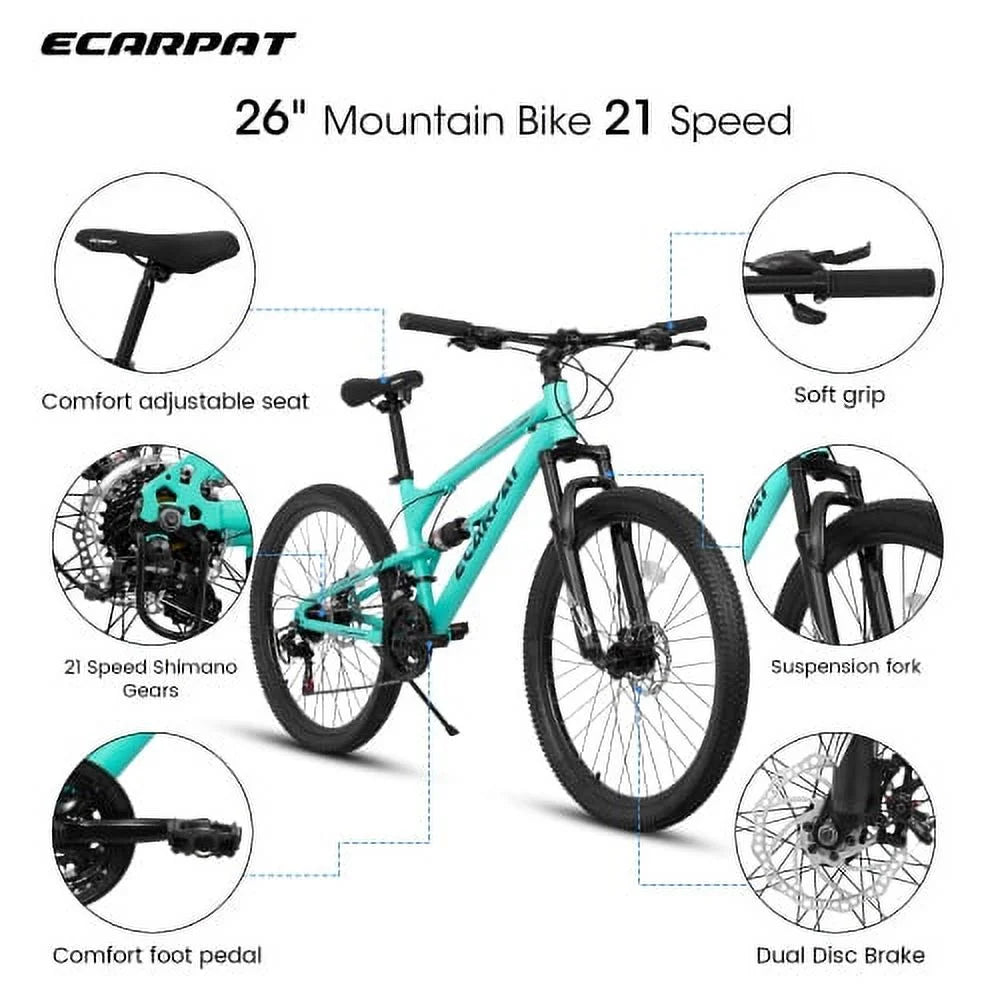 Raistyw 26 inch Mountain Bike for Adult, Shimano 21-Speed Steel Frame Bicycle with Disc Brakes and Shock Fork, Blue and Green