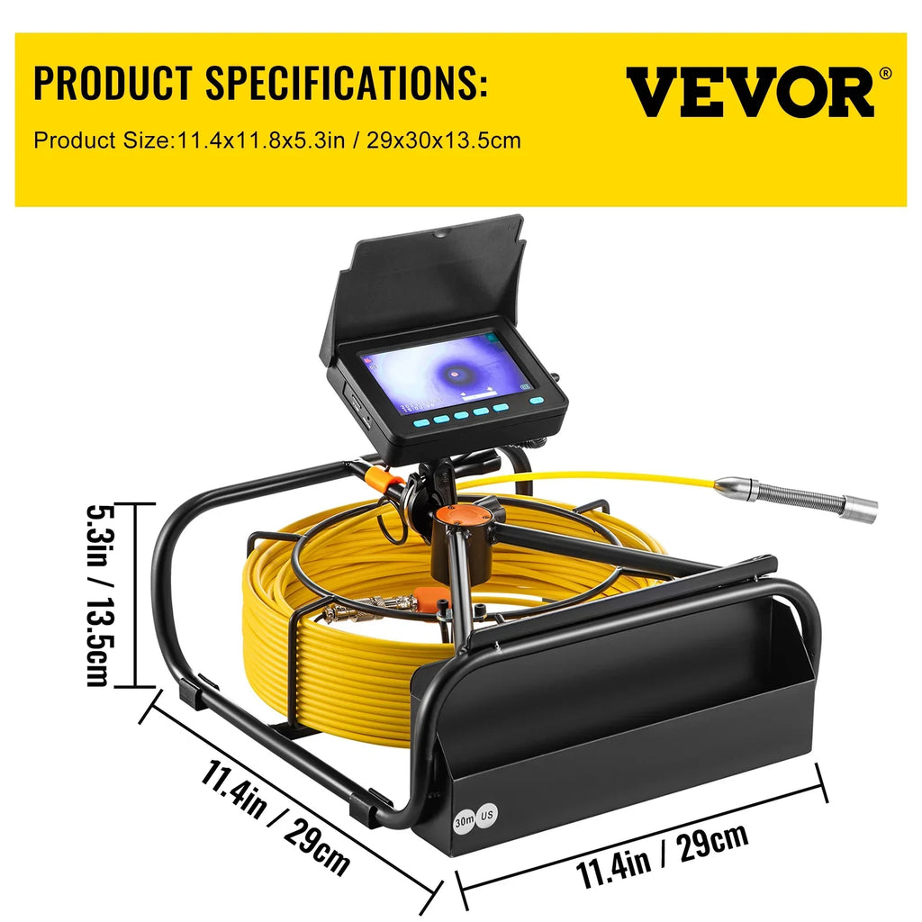 VEVOR Sewer Camera 30M Cable Pipeline Inspection Camera 11cm TFT LCD Monitor Pipe Camera Screen Waterproof IP68 Duct Inspection Camera with 6PCS LEDs 8500MAH Lithium Battery, DVR Function, 30M