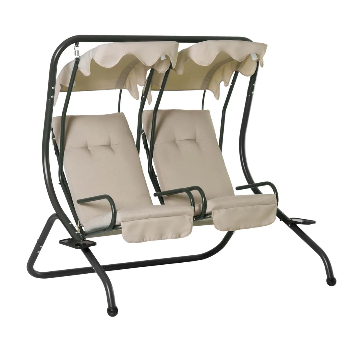 Outsunny 2-Seat Modern Steel Canopy Porch Swing with Cup Holder and Cushions, Beige/Black