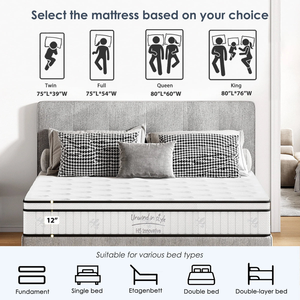 Twin Mattress,Hybrid Innerspring and Memory Foam Mattress in a Box,Medium Firm Support with Cooling Fabric,CertiPUR-US Certified,75"x39"x6",White+Blue