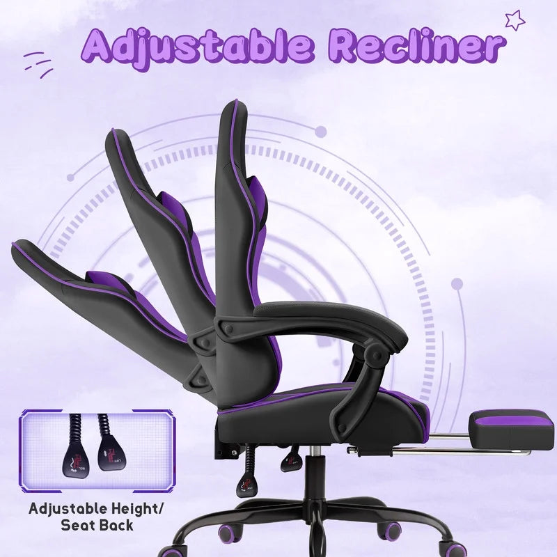 Lacoo PU Leather Gaming Chair Massage Ergonomic Gamer Chair Height Adjustable Computer Chair with Footrest & Lumbar Support, White
