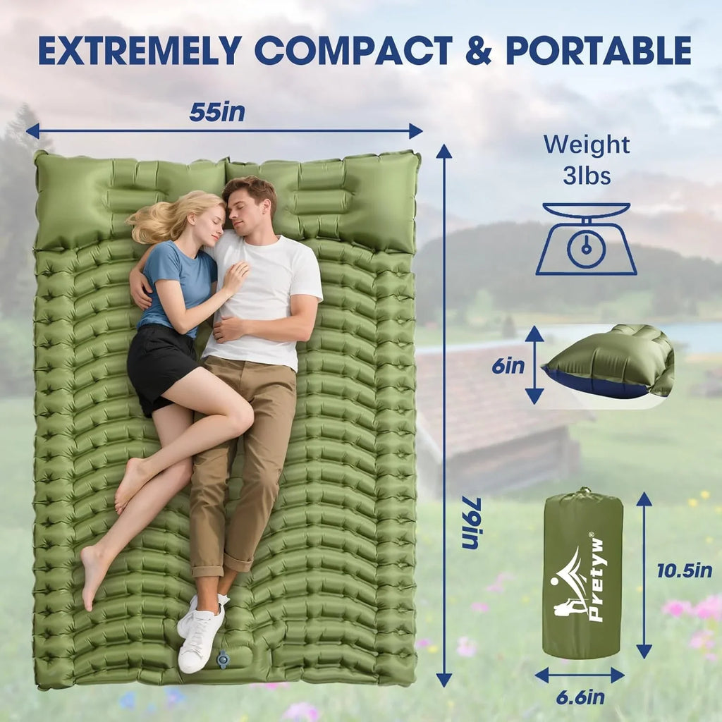 Double Sleeping Pad for Camping - 6" Ultra-Thick Camping Mattress with Pillow, Built-in Foot Pump, Compact 2-Person Portable Camping Mat for Backpacking, Hiking, Car Traveling, Beach, Tent