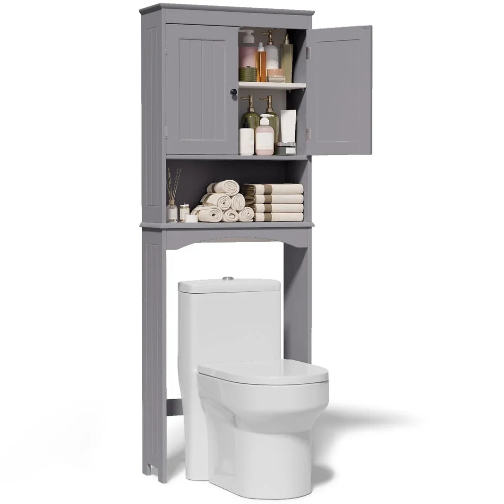 Aiho 66.1" over the Toilet Storage Cabinet with Adjustable Shelf and Open Storage Shelf, Freestanding - White