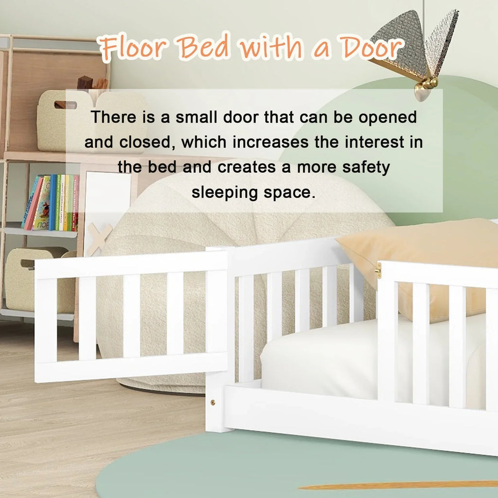 Bellemave Twin Size Floor Beds, Wood Montessori Bed with Fence Railings & Support Slats, No Box Spring Needed (Gray"