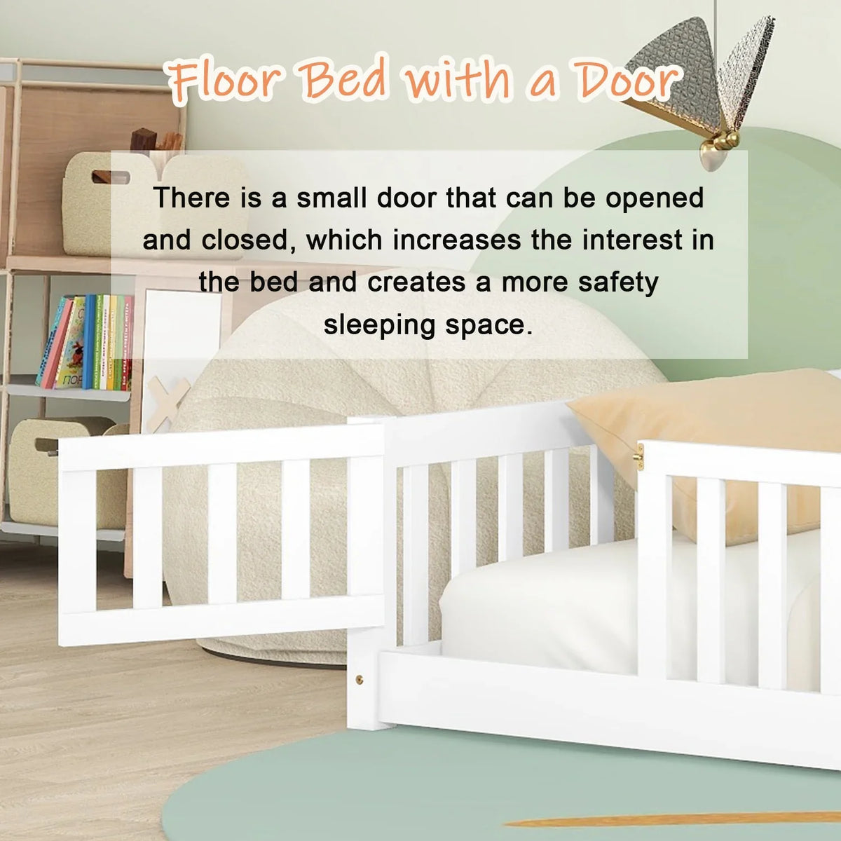 Bellemave Twin Size Floor Beds, Wood Montessori Bed with Fence Railings & Support Slats, No Box Spring Needed (Gray"