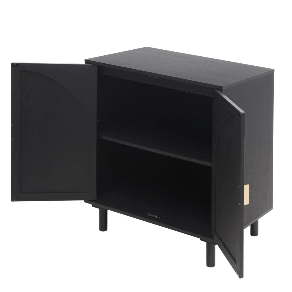 Tcbosik Rattan Storage Cabinet, Boho Sideboard Buffet Cabinet, Accent Cabinet with 2 Doors and Adjustable Shelves, Living Room, Kitchen, Dining Room, Hallyway, Black