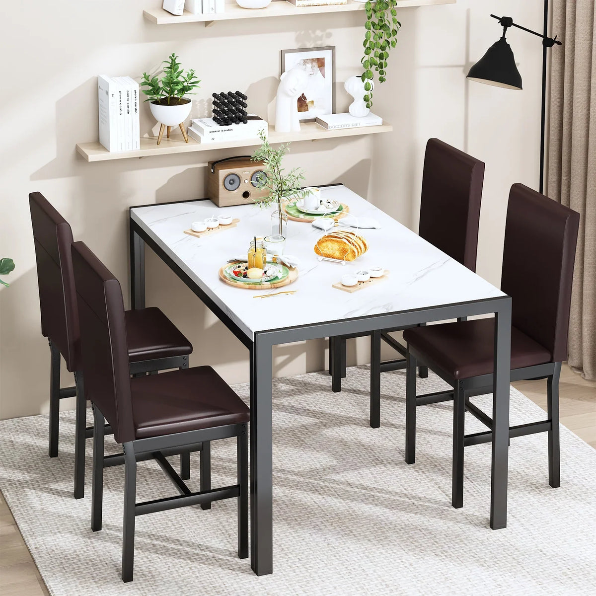 AWQM Dining Table Set of 4, Faux Marble 5 Piece Dining Room Table Set with PU Leather Chairs, Rectangular Kitchen Table Set for Apartment, Dining, White