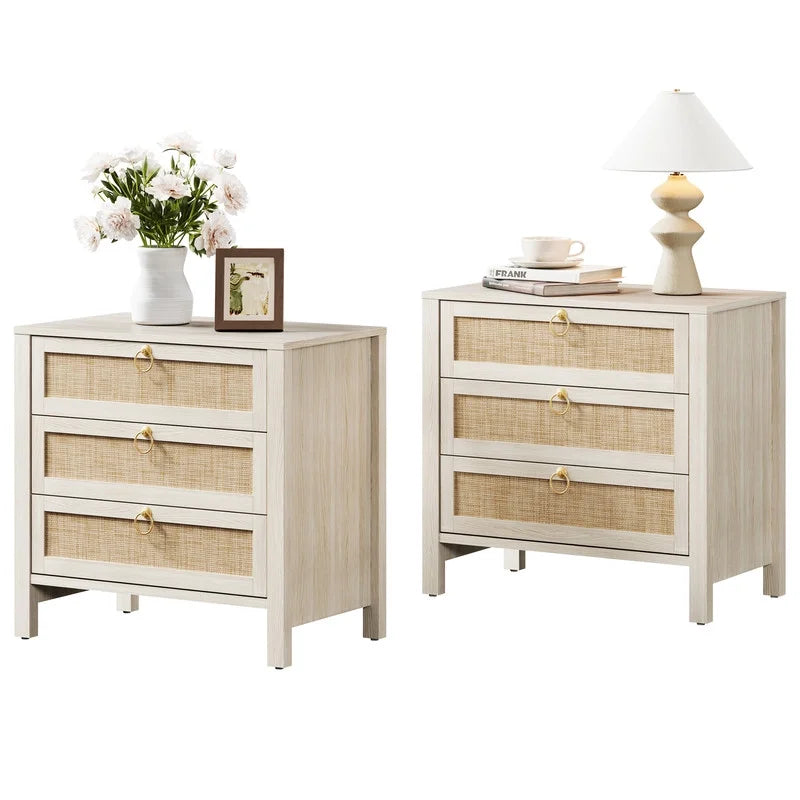 Surmoby Oak Boho 3-Drawer Nightstand Set of 2 - Extra Wide Storage Night Stand with Gold Handles Large&Tall Bed Side Table for Bedroom Living Room Enterway