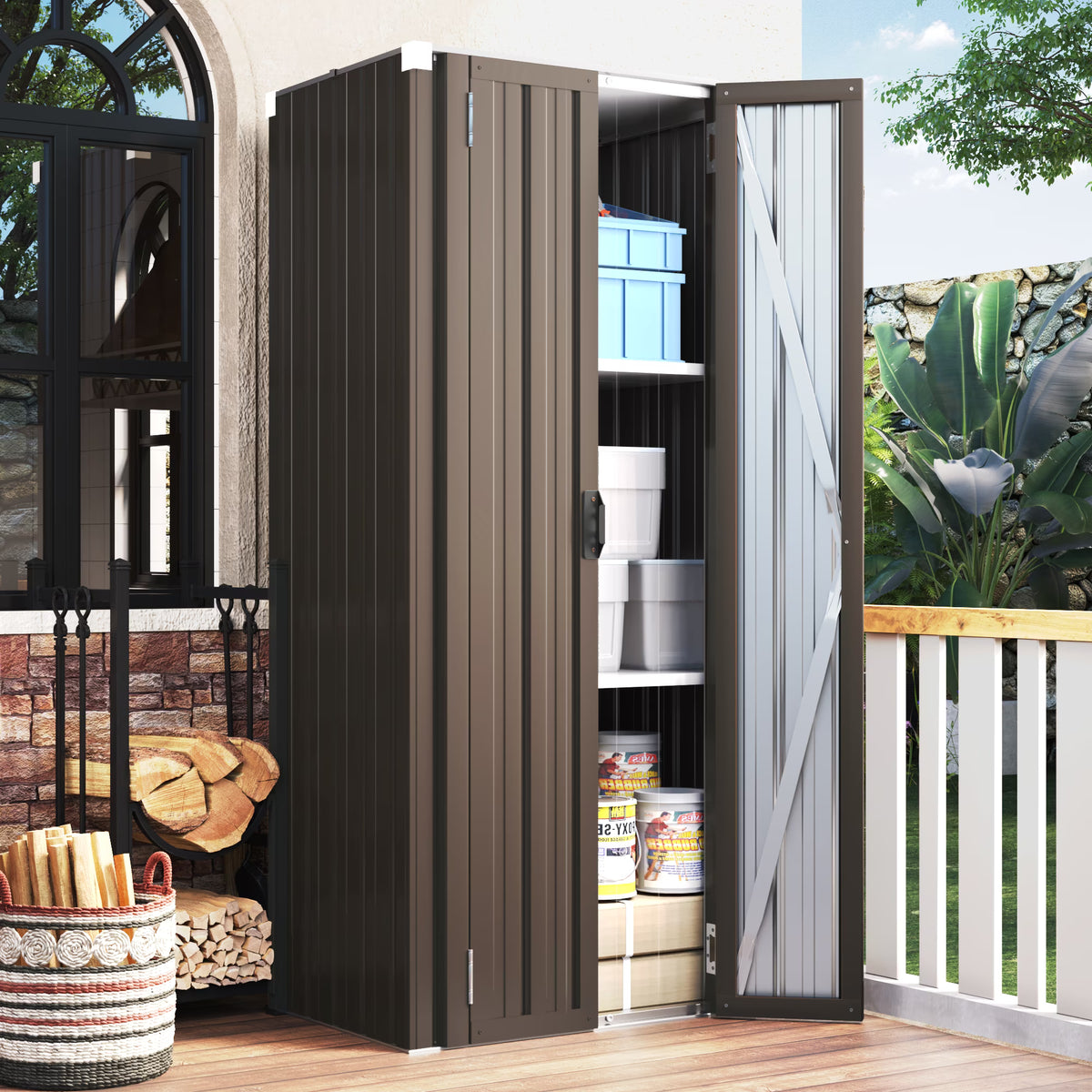 AECOJOY Outdoor Storage Cabinet Waterproof with Adjustable Shelves, Lockable Metal Outdoor Garden Storage Sheds Organizer in Brown, Versatile for Garage, Backyard, or Indoor Use