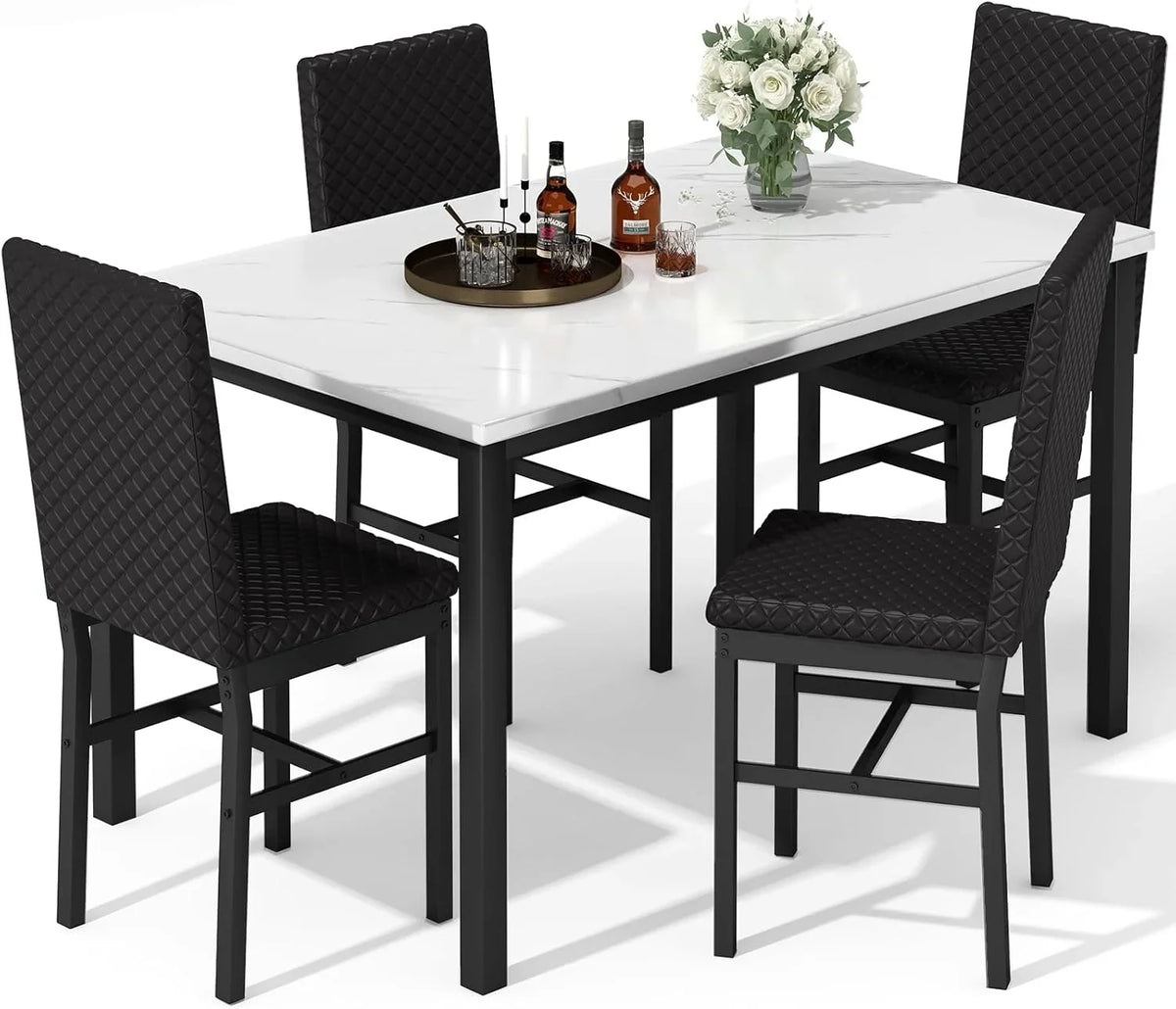Baxluxe Dining Table Set for 4, Modern 5 Piece Dining Table Set, Faux Marble Kitchen Table and 4 Velvet Upholstered Chairs for Apartments, Dining Rooms, Small Spaces, Gray