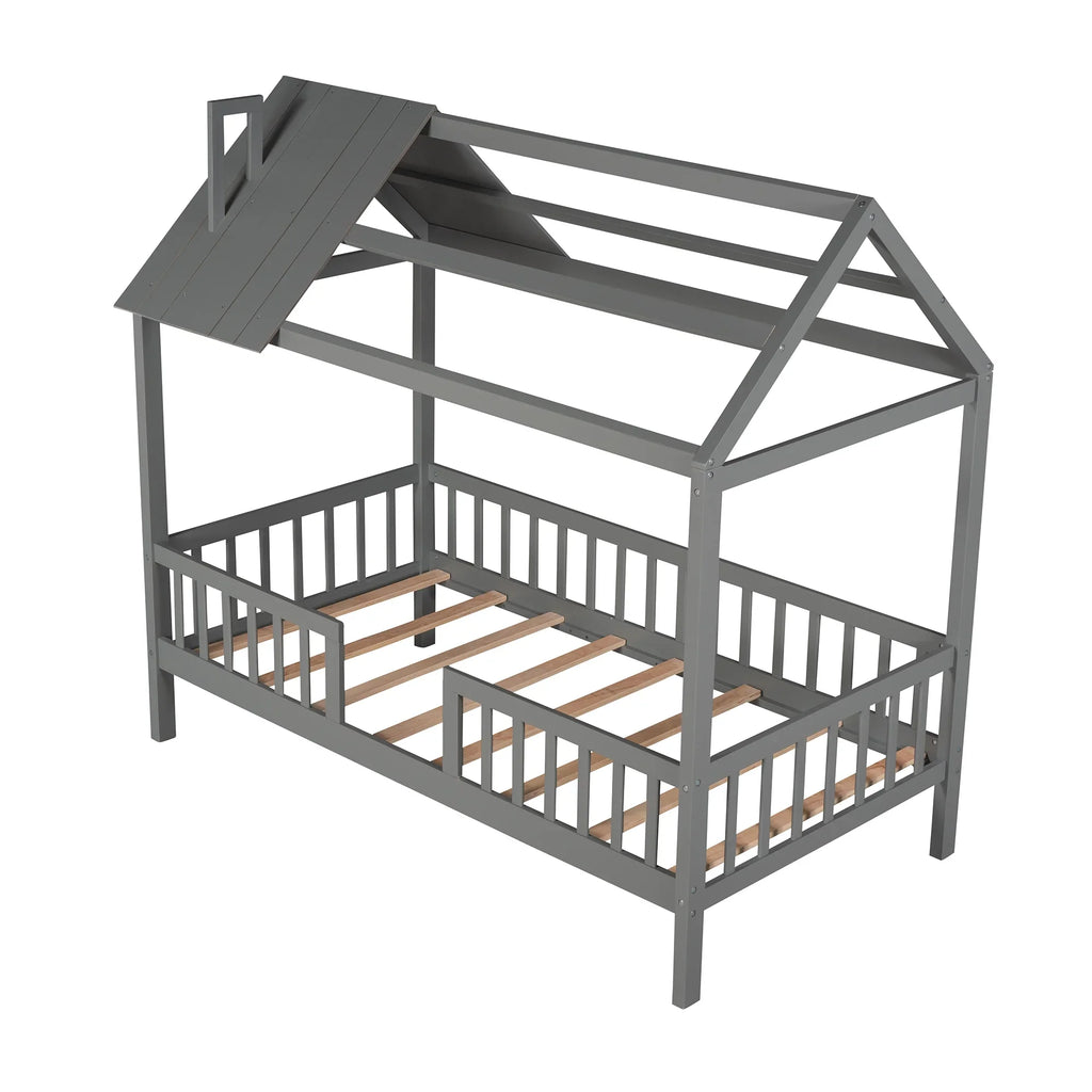 Euroco Twin Size Platform Bed, House Bed with Fence for Kids, Gray