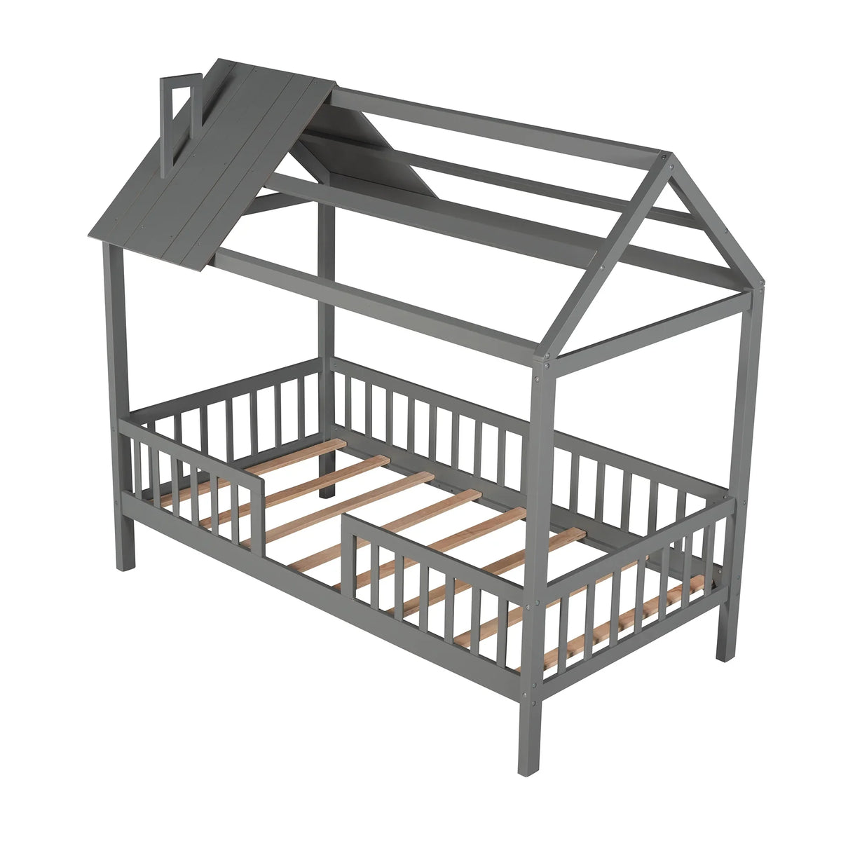 Euroco Twin Size Platform Bed, House Bed with Fence for Kids, Gray