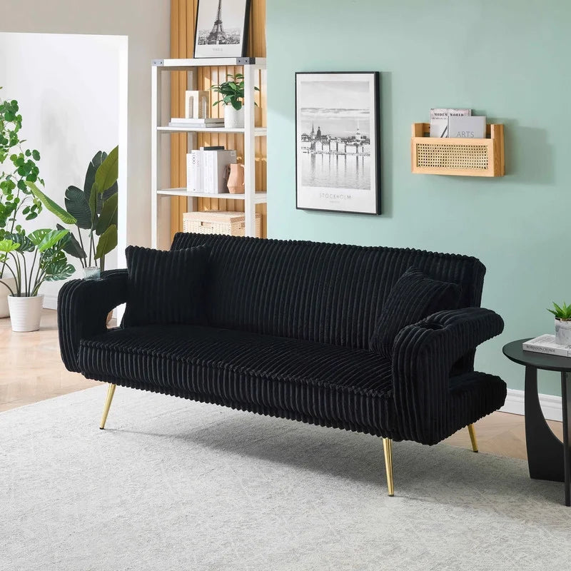 FFH Modern Corduroy Futon Sofa Bed with Adjustable Backrest,Convertible Loveseat Sleeper,Soft Couch with Drop-Down Table and Cup Holder for Living room,Pink