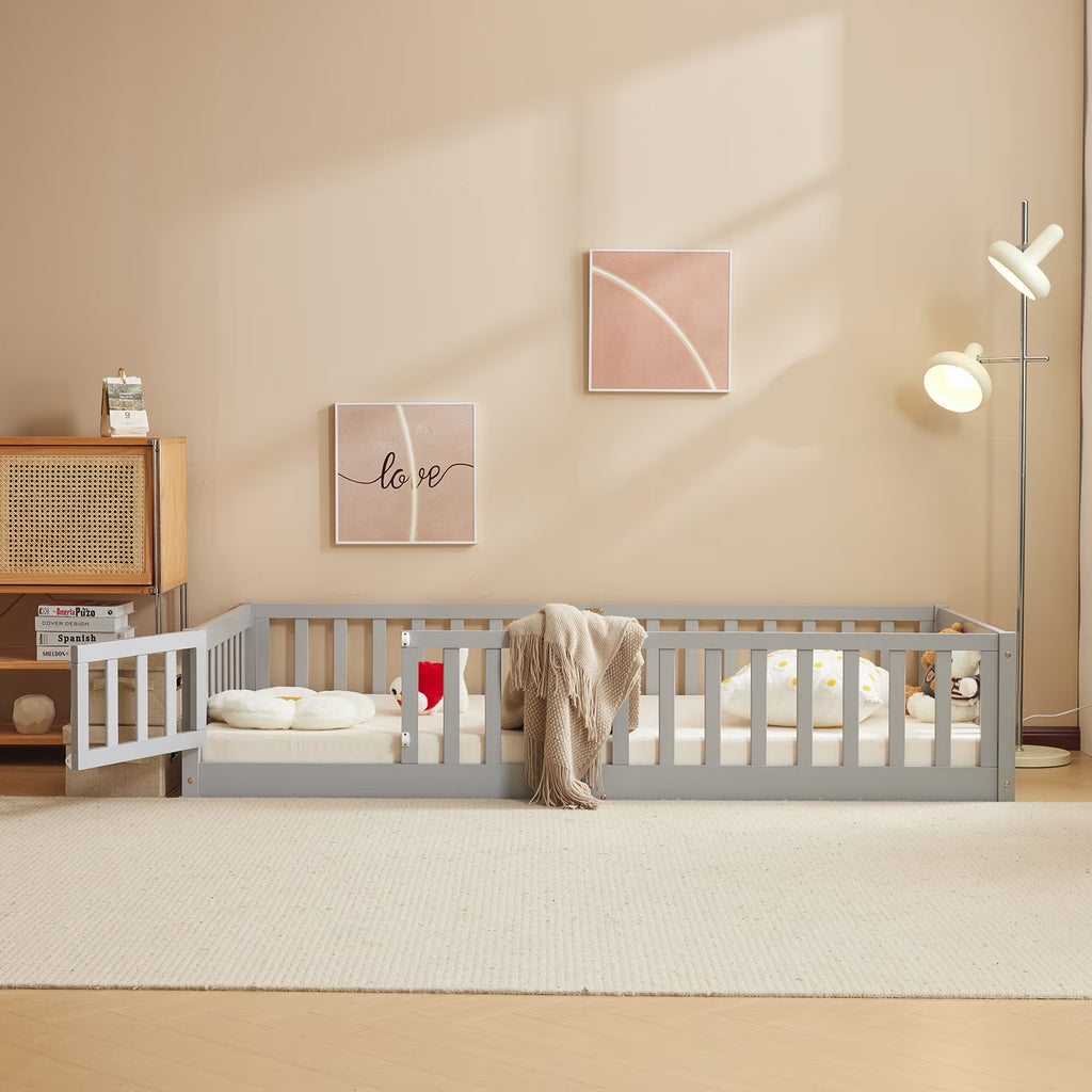 Ktaxon Montessori Twin Floor Bed with Safety Guardrails, Toddler Bed Frame for Kids, Wood Frame - Nature