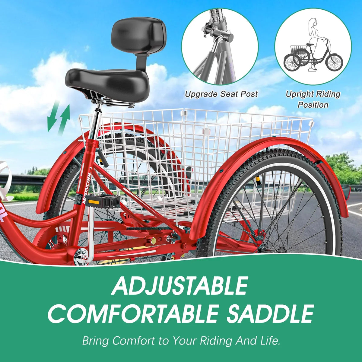 MOONCOOL Adult Tricycles with Rear Basket & Inflator, 24 26 inch 7 Speed 3 Wheel Bikes, Three-Wheeled Bicycles Adult Trike with Backrest for Seniors, Women, Men