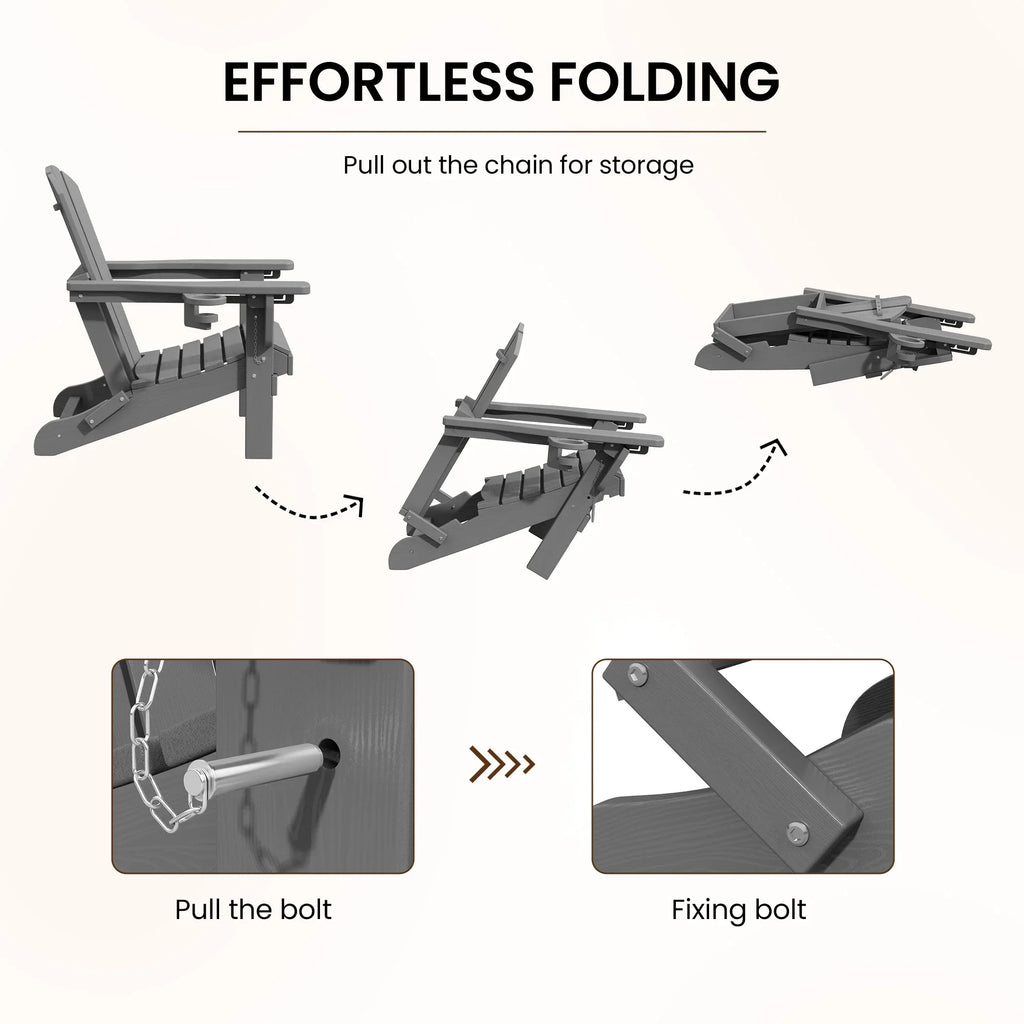 SERWALL Outdoor Adjustable Folding HDPE Adirondack Chairs Set of 2 with Cup Holder, Gray