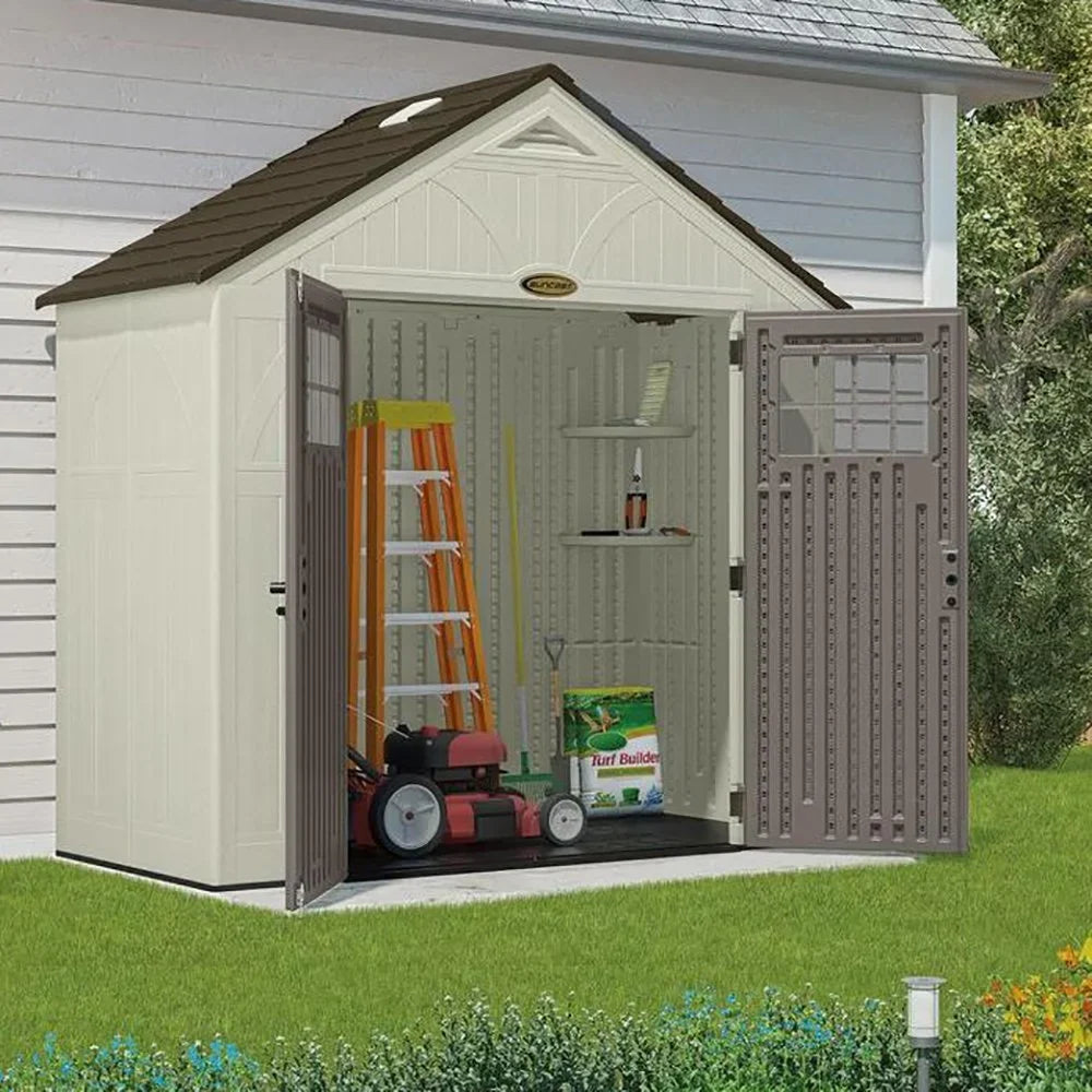 Suncast Metal and Resin Storage Shed, Vanilla, 8ft x 10ft, 547 Cu. ft. coverage area