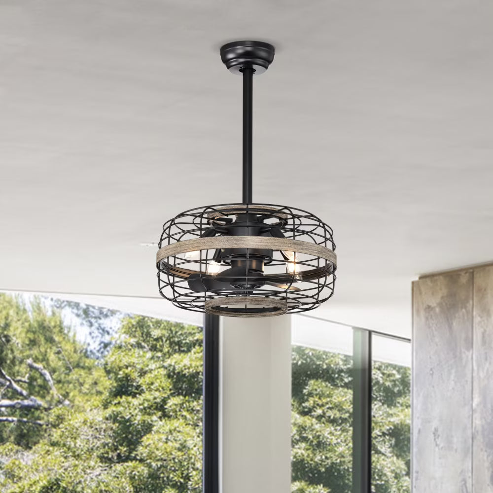 18'' Farmhouse Ceiling Fans Light - Caged Ceiling Fan with Remote Control (3-Speeds Adjustable), Wood Rustic Enclosed Reversible Ceiling Fans for Bedroom, Living Room, Kitchen.