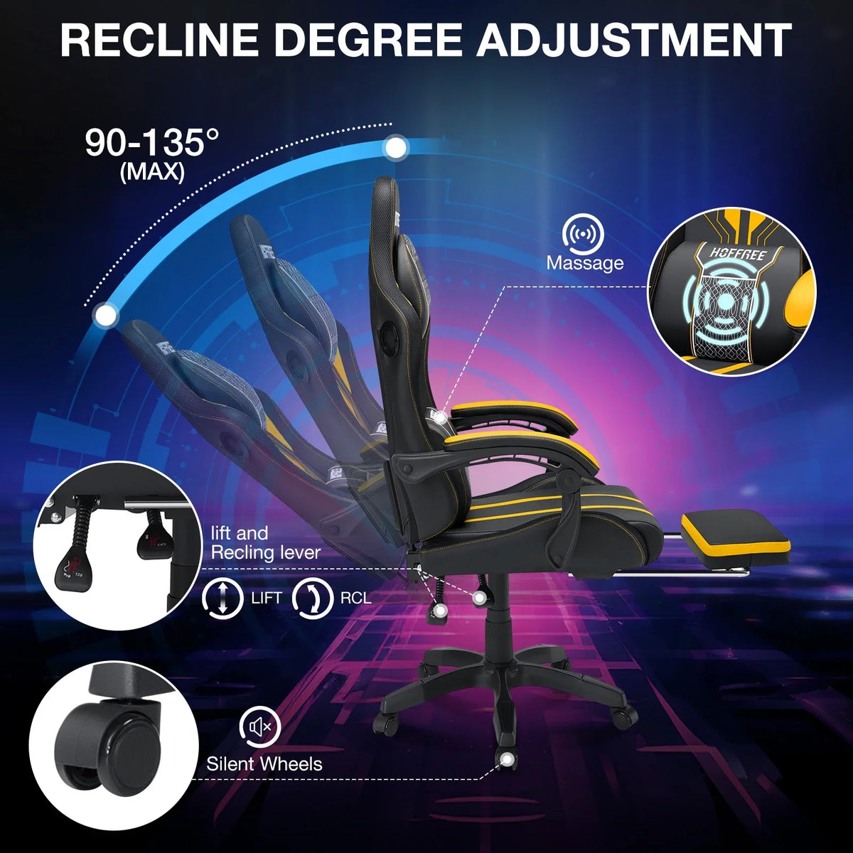 HOFFREE Big and Tall Gaming Chair with Speakers and RGB Lights, Gamer Chair with Footrest, Lumbar Support Height Adjustable 360-Swivel Seat and Headrest for Adults, 400lbs