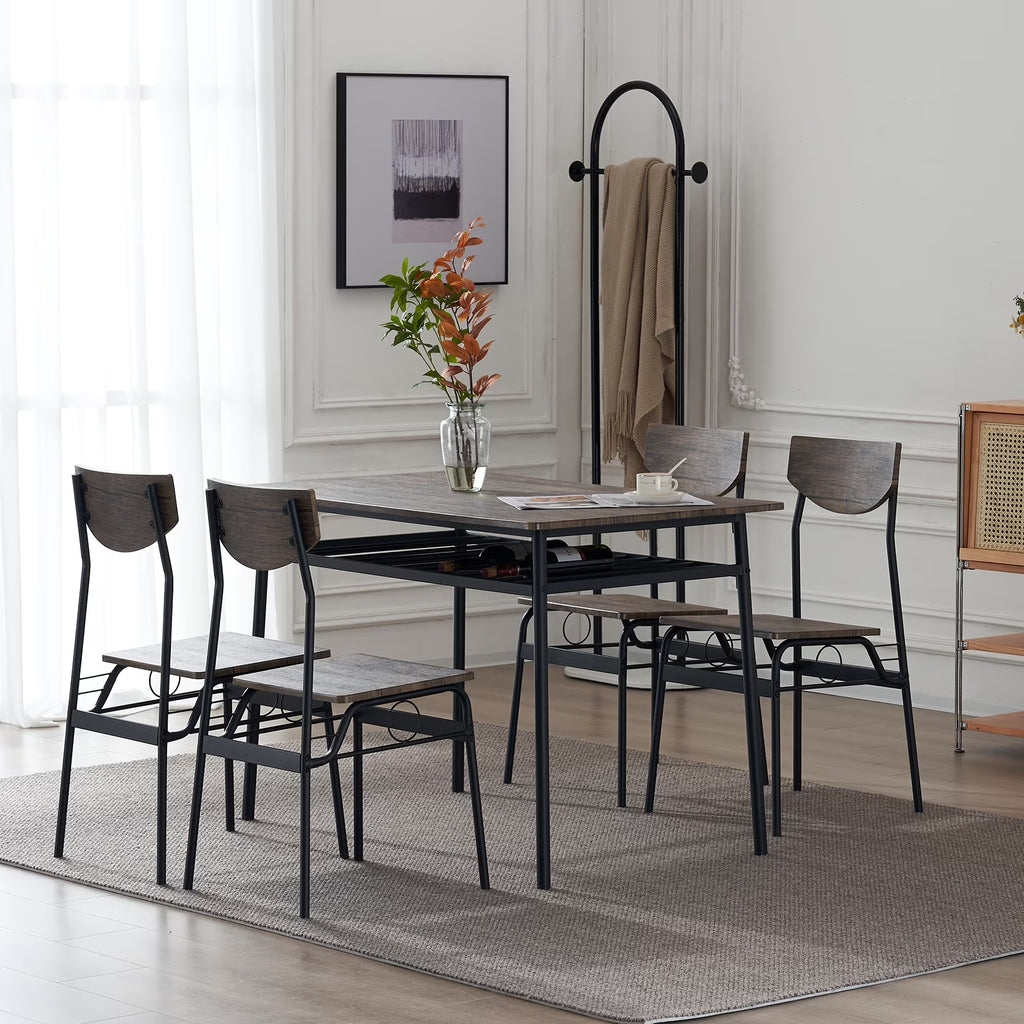 6-Piece Dining Table and Chair Set, Includes 1 Table, 1 Bench and 4 Chairs, Rectangular Kitchen Table and Armless Chairs, Compact Chairs with Curved Backrest for Dining Room