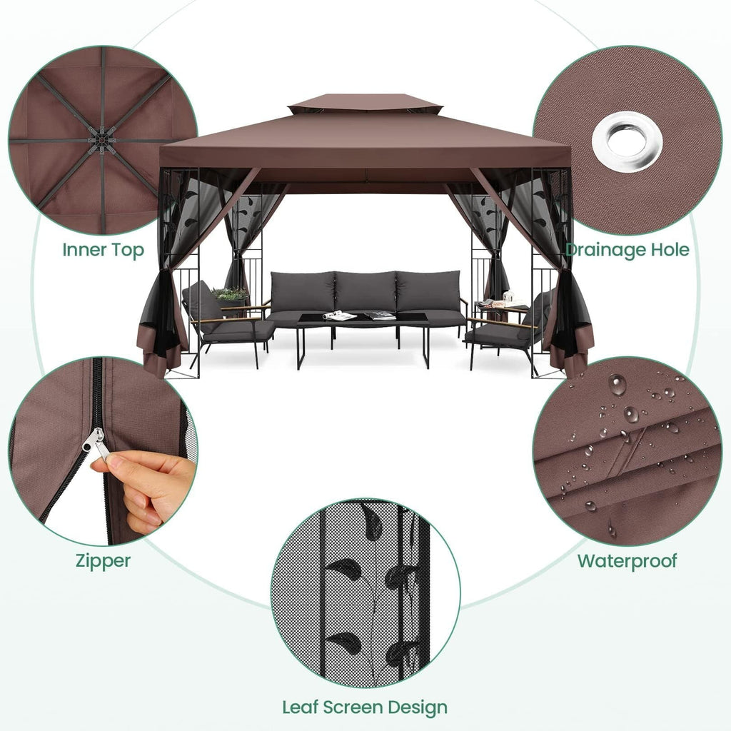COBIZI 10' x 13' Pop Up Gazebo, Screened Patio Gazebo, Outdoor Steel Double Roof Canopy Tent, Metal Frame Canopy with Mosquito Netting, Sunshade for Garden, Lawns, Gray