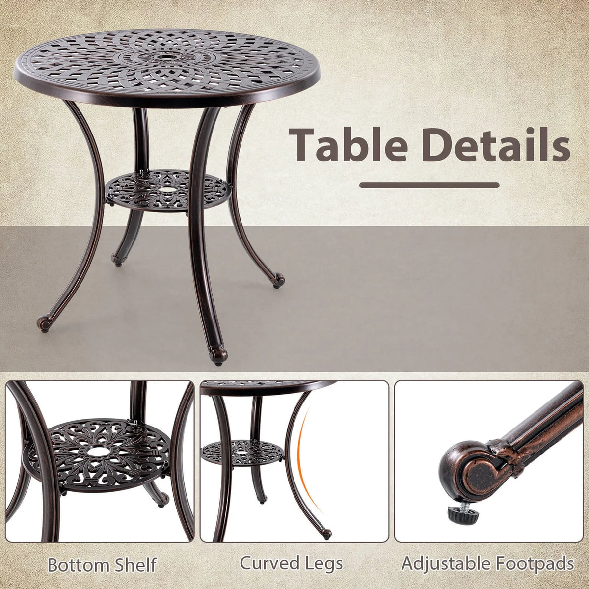 Gymax 31 Inch Diameter Round Table Patio Cast Aluminum Table w/ Umbrella Hol
