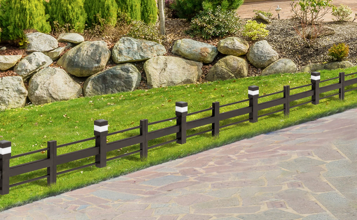 SUNJOY Garden Fence Solar Border Fencing with Waterproof LED Path Lights, Metal Strip Pattern Fence Panel Outdoor Decorative Garden Fences(5PK), Brown