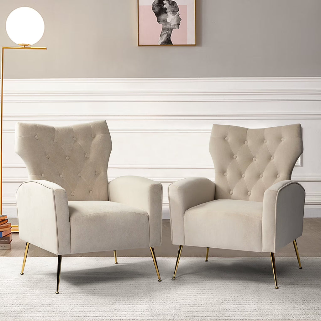 Modern Velvet Accent Chair Upholstered Sofa Armchair Button Tufted Metal Legs Adult Bedroom Home Living Room Grey