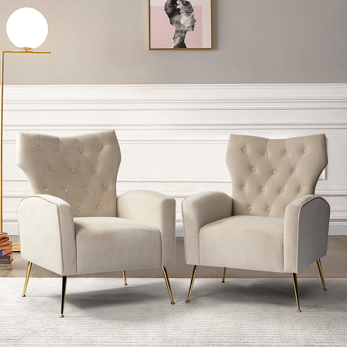 Modern Velvet Accent Chair Upholstered Sofa Armchair Button Tufted Metal Legs Adult Bedroom Home Living Room Grey