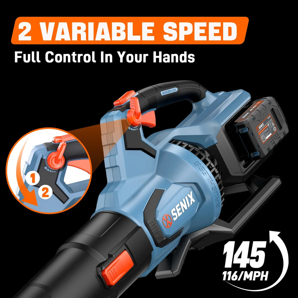 SENIX X6 60V Max* Brushless Cordless Leaf Blower with 4.0 Ah Battery and Charger, Variable Speed Up to 810CFM 170MPH, BLAX6-M1