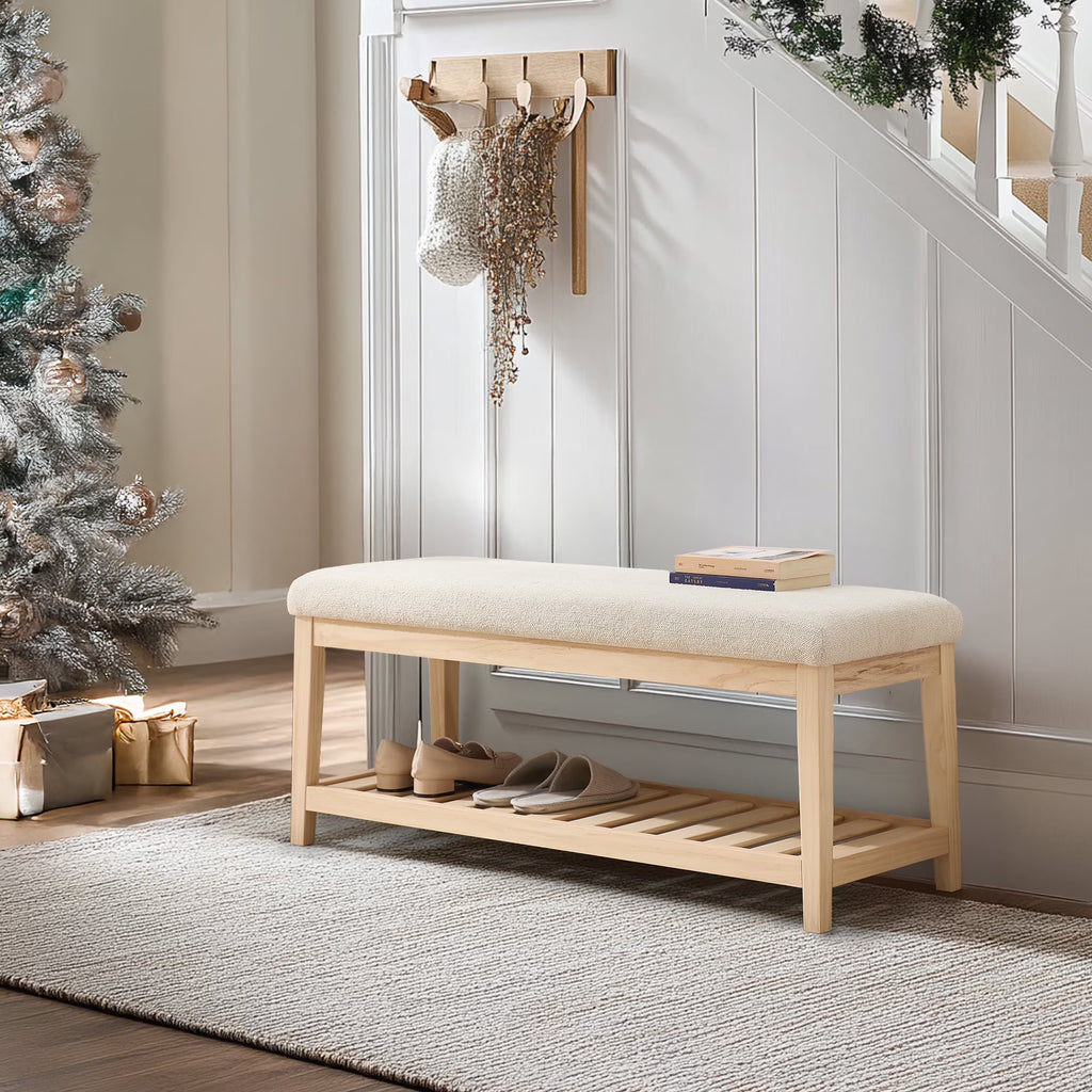 Zesthouse 42.9�?Shoe Bench with Storage, Entryway Bench for Living Room, Bedroom and Hallway, Linen Fabric Upholstered Bench with Solid Wood Shelf, Gray