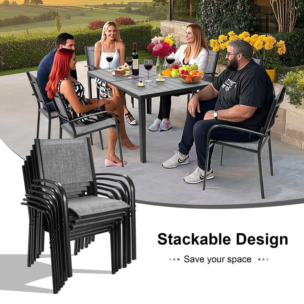 Seizeen 7-Piece Outdoor Table and Chairs, Patio Table Set with 6 Rattan Chairs, All-weather Outdoor Patio Dining Sets Rectangular Metal Table with Acacia Wood Top, Umbrella Hole, Gray