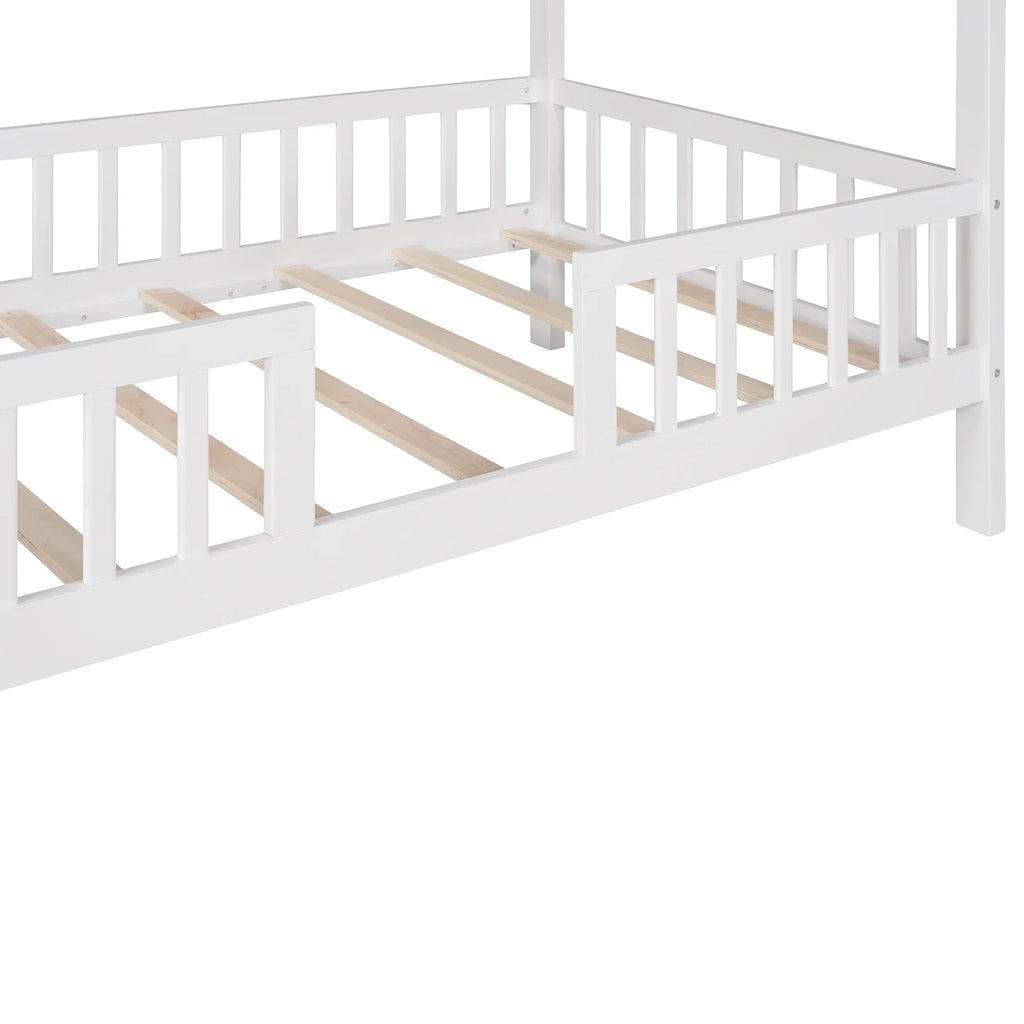 Euroco Twin Size Platform Bed, House Bed with Fence for Kids, Gray