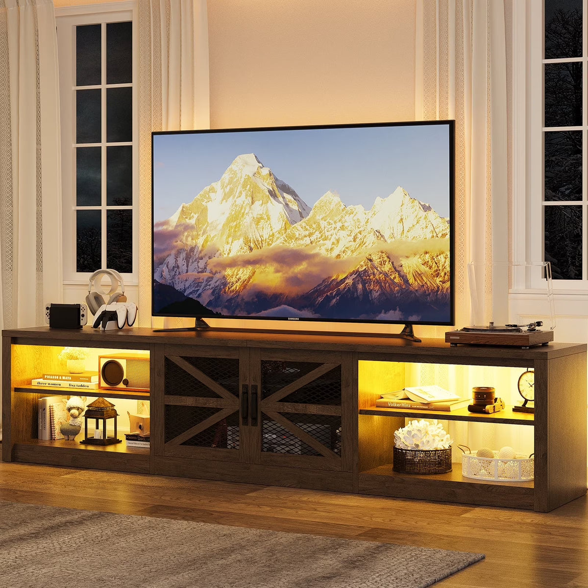 Planntonneo Mid-Century Modern Fluted TV Stand Wooden Media Console Entertainment Center for Living Room, Walnut Color