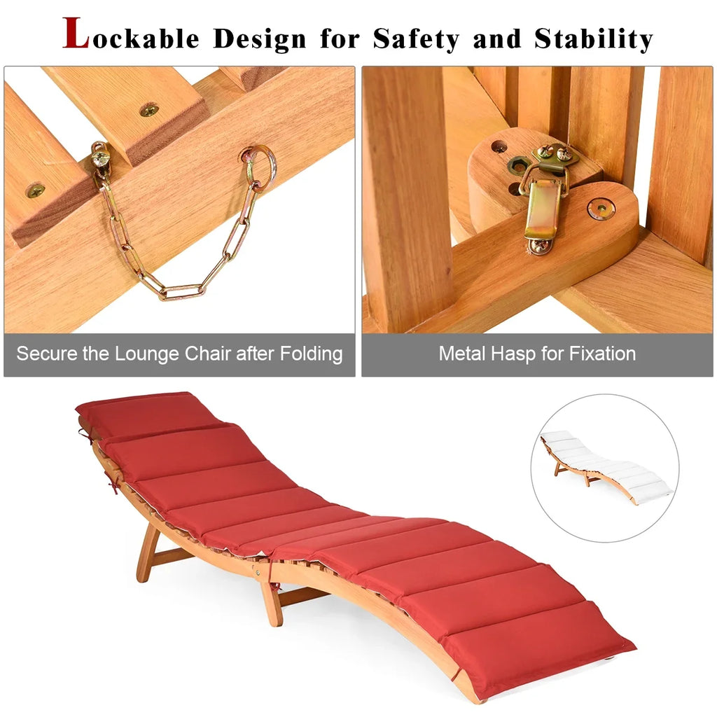 Costway Folding Wooden Outdoor Lounge Chair Chaise Red/White Cushion Pad Pool Deck
