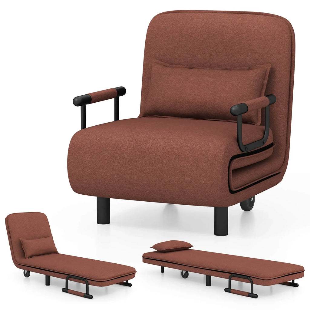 Costway 3-in-1 Convertible Sofa Bed with 5-Position Adjustable Backrest & Lumbar Pillow Brown
