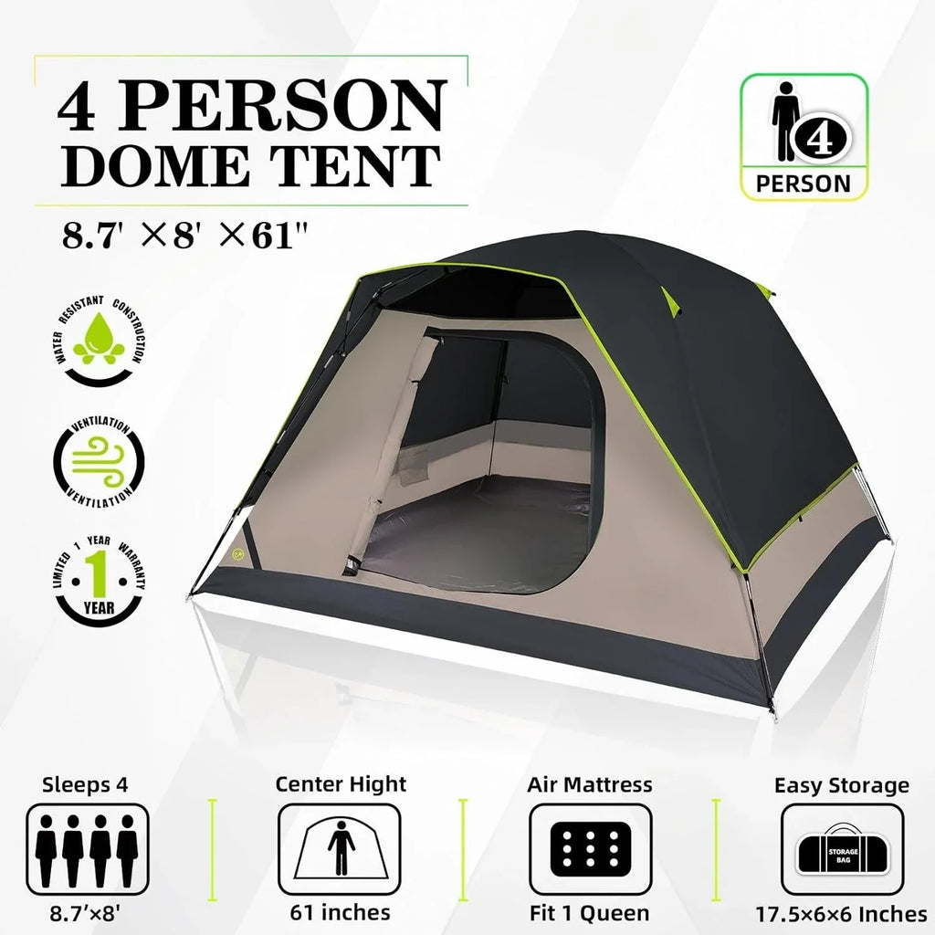 Camping Tent, 4 Person Dome Tents for Camping with Rainfly, Waterproof Clip Easy Setup Portable Family Tent with