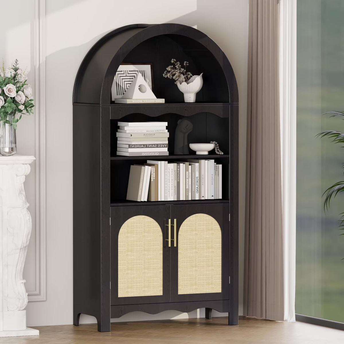 LAZZO 73-Inch Tall Arched Kitchen Pantry Storage Cabinet, 2 Doors, Brown