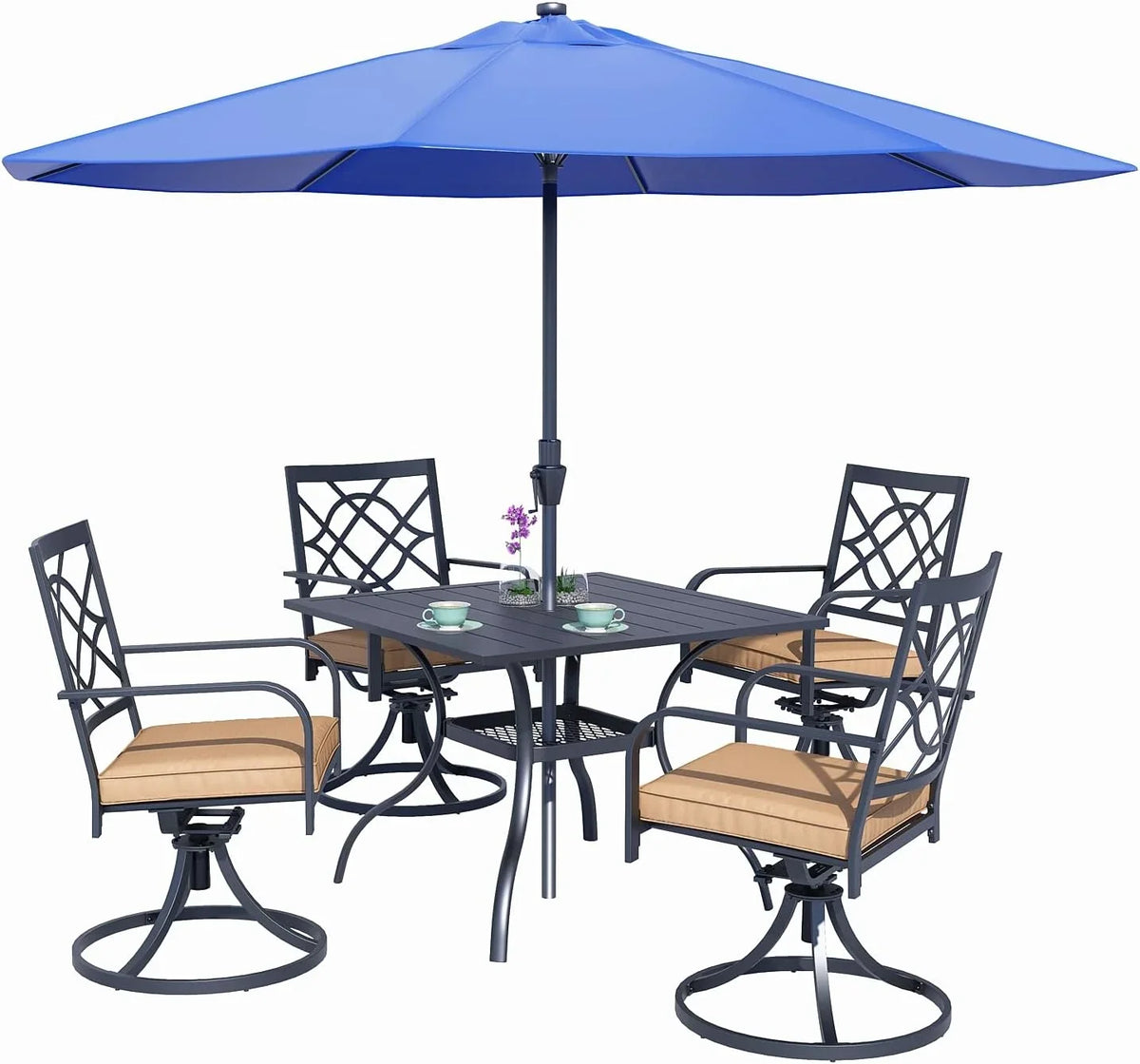 SUNCROWN 5-Piece Outdoor Wrought Iron Chairs and Table Patio Dining Furniture Set - 4 Stackable Metal Chairs, 1 Steel Slat Bistro Table and 1 Sky Blue 9Ft Patio Umbrella for Garden Backyard Deck