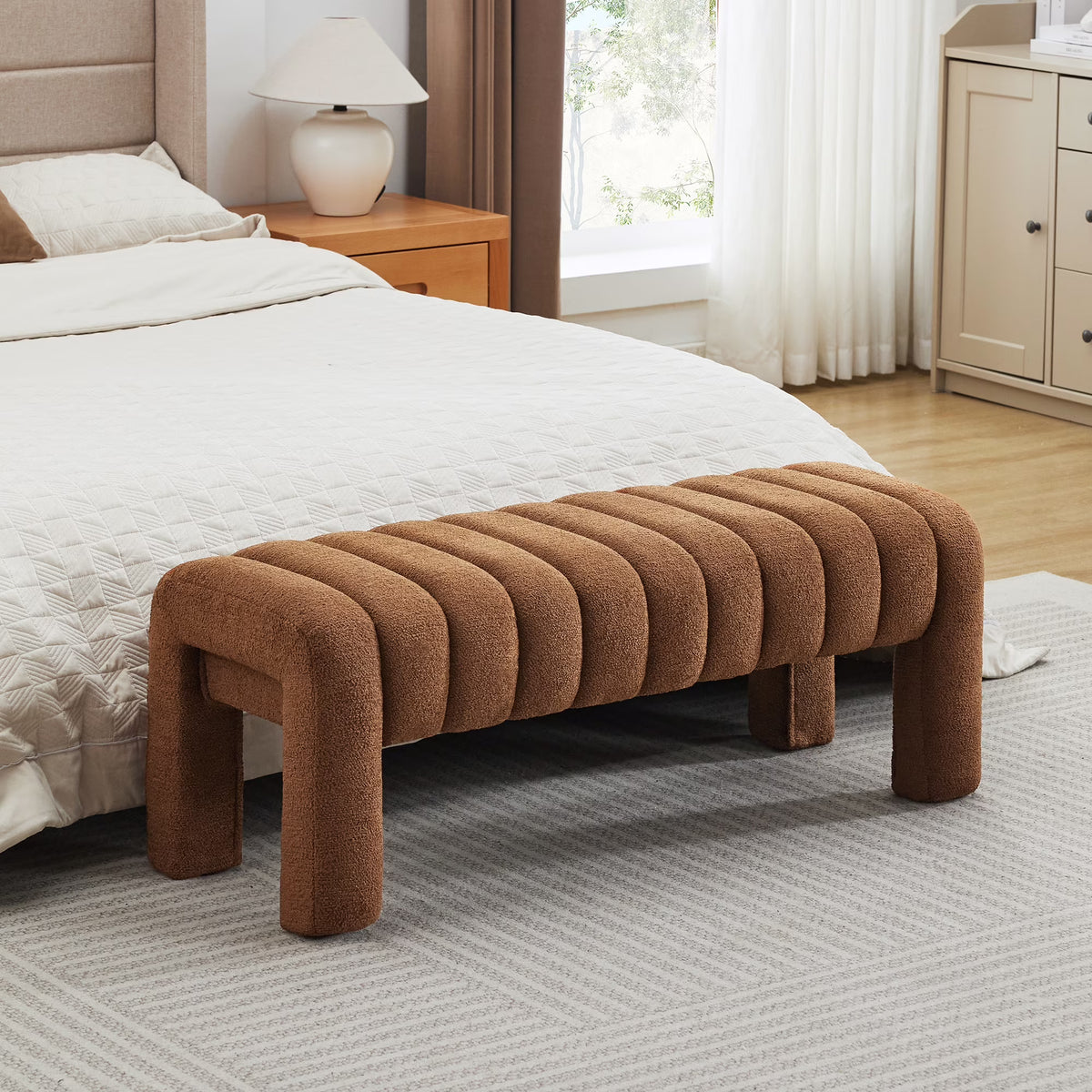 Zesthouse 63" End of Bed Bench, Linen Tufted Upholstered Ottoman Bench with Padded Seat and Solid Wood Leg, Modern Entryway Bench for Bedroom, Living Room, Beige