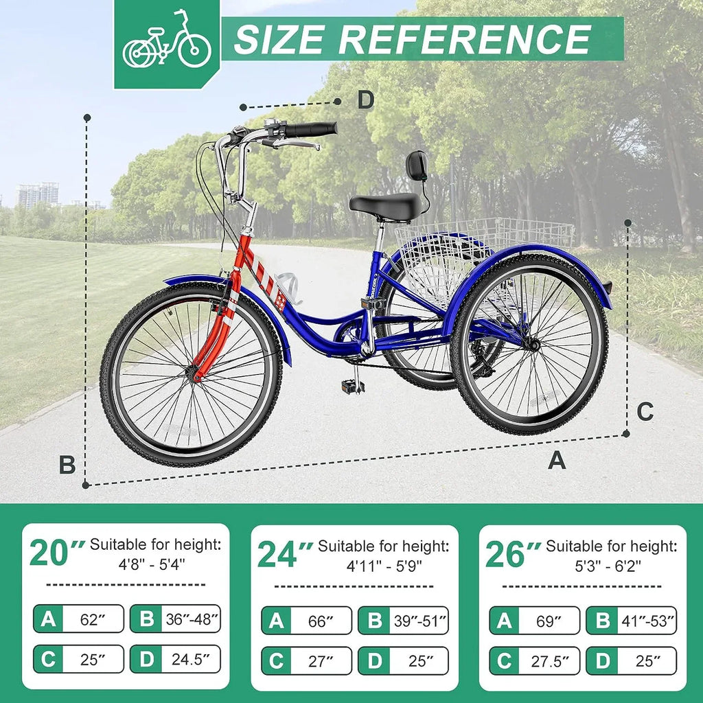 MOONCOOL Adult Tricycles with Rear Basket & Inflator, 24 26 inch 7 Speed 3 Wheel Bikes, Three-Wheeled Bicycles Adult Trike with Backrest for Seniors, Women, Men