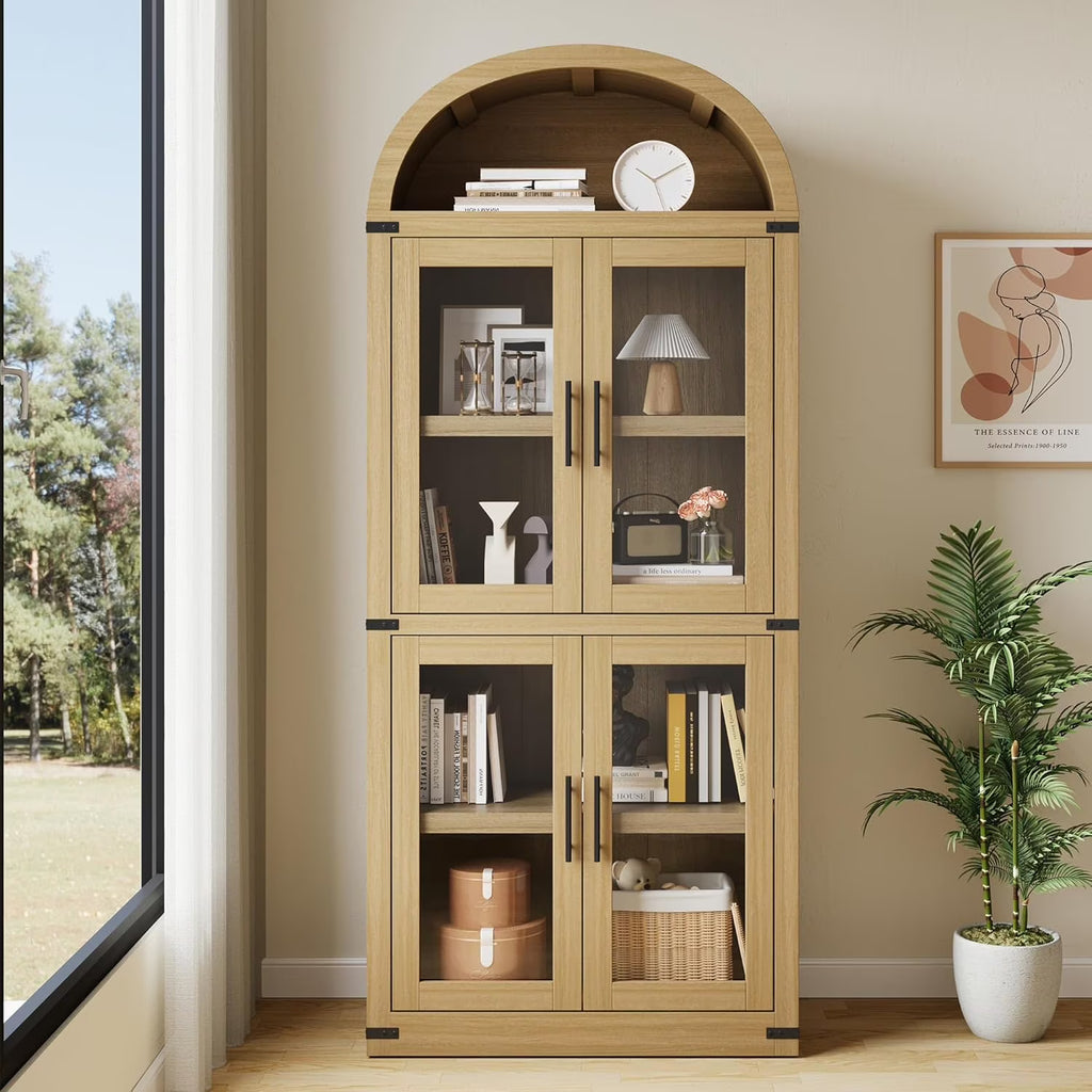 AOILE 72" Tall Arched Farmhouse Bookcase with Doors, Wooden Display Cabinet with Storage Shelves