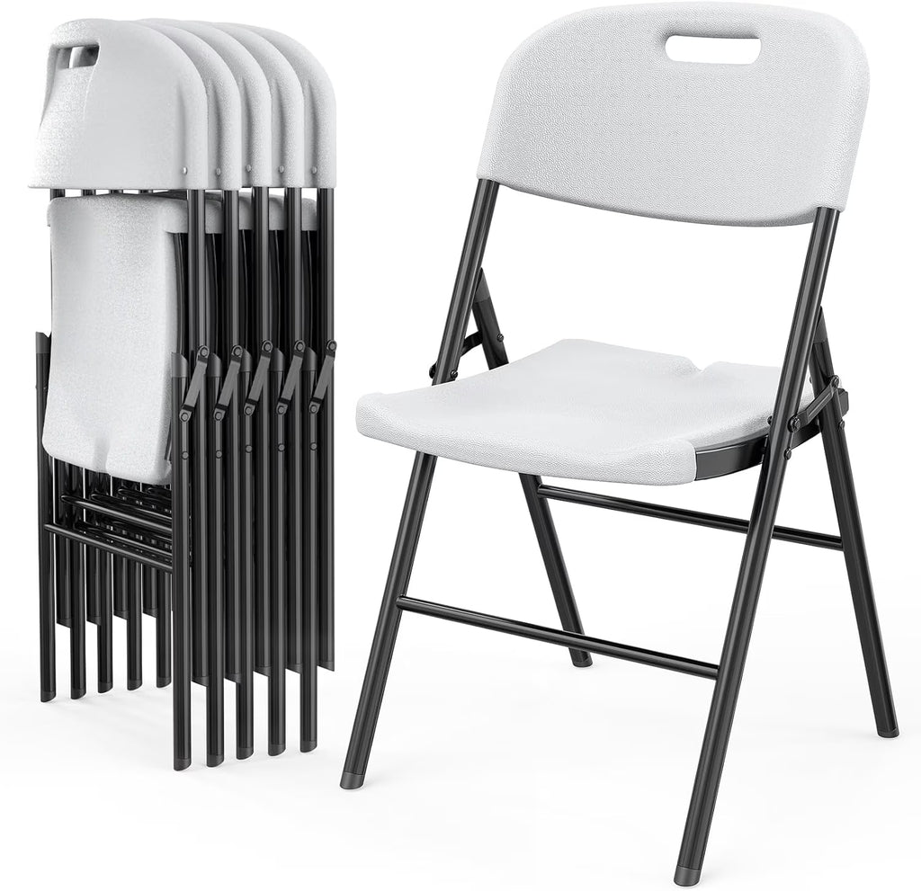 DYUKFG Folding Chairs, Heavy Duty Foldable Chair Portable HDPE Plastic Seat with Steel Frame for Indoor Outdoor Dinning Party Wedding School Use, White, 6 Pack