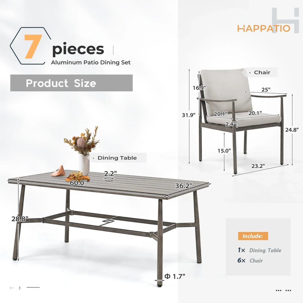 HAPPATIO 7-Piece Outdoor Dining Set for 6, Aluminum Patio Dining Set Includes 6 Dining Chairs and 1 Large Rectangular Table with Umbrella Hole, Patio Furniture Set for Lawn, Porch, Backyard, Grey