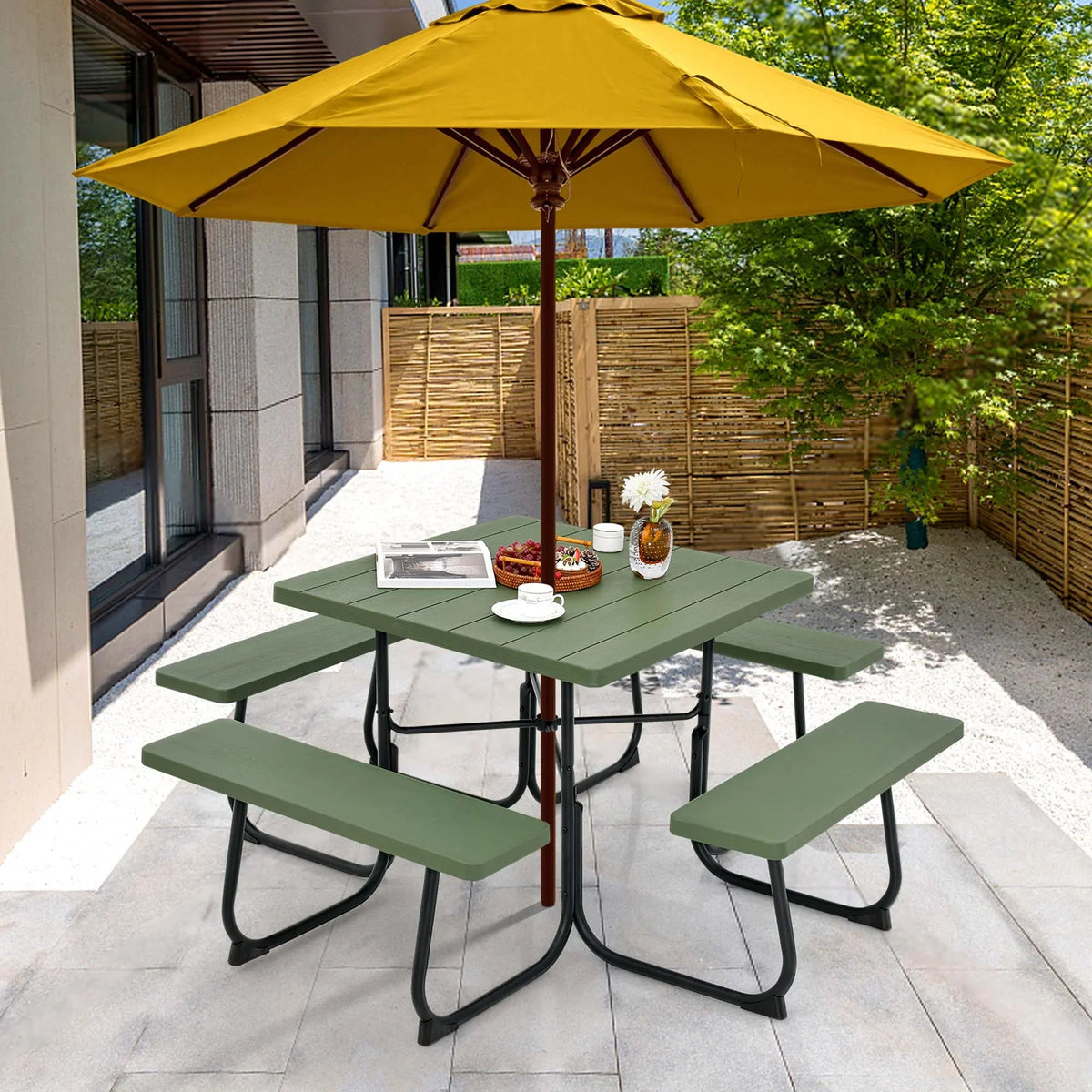 Costway Outdoor 8-person Square Picnic Table Bench Set with 4 Benches & Umbrella Hole White