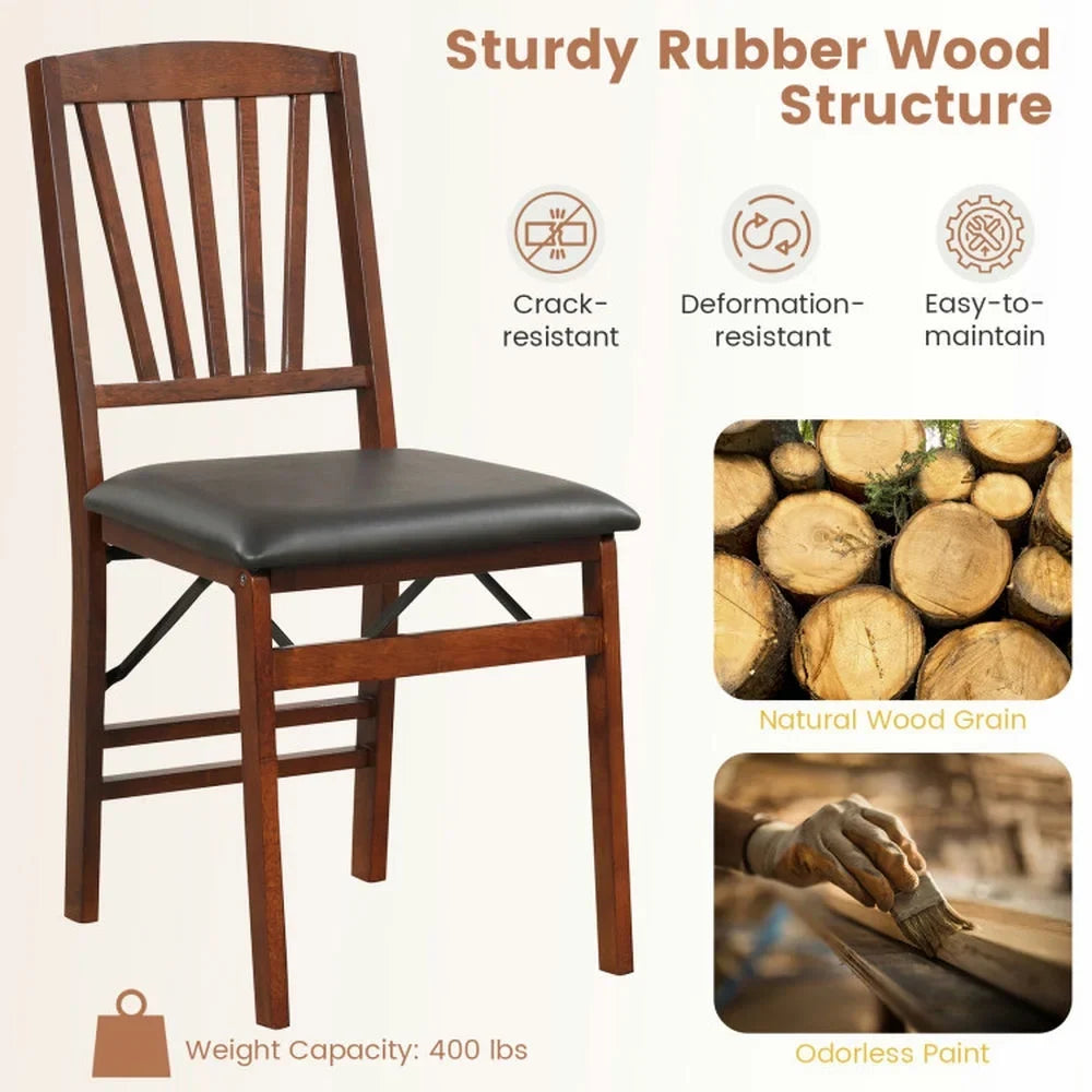 Spaco Set of 2 Folding Chairs with Padded Seat and Rubber Wood Frame-Brown, Lounge Chair, Dining Room Chair for Kitchen, Dining, Bedroom, Living