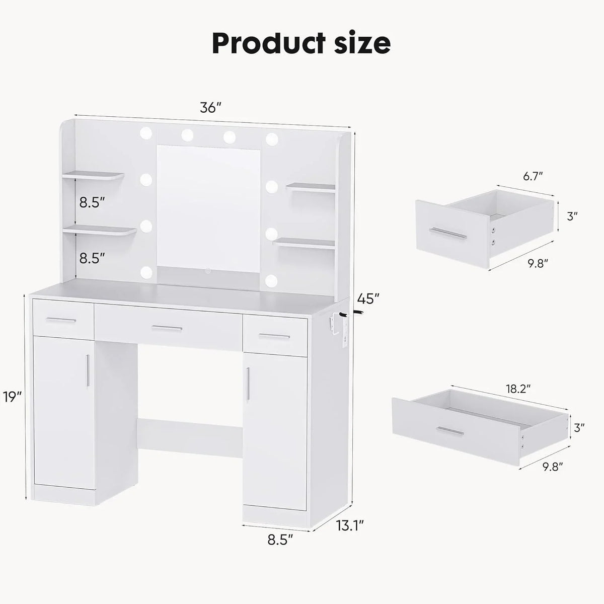 Blorly White Vanity Desk with Mirror, Makeup Vanity Table with LED Lights and Power Outlet, 3 Drawer, 4 Shelves, 1 Cabinet